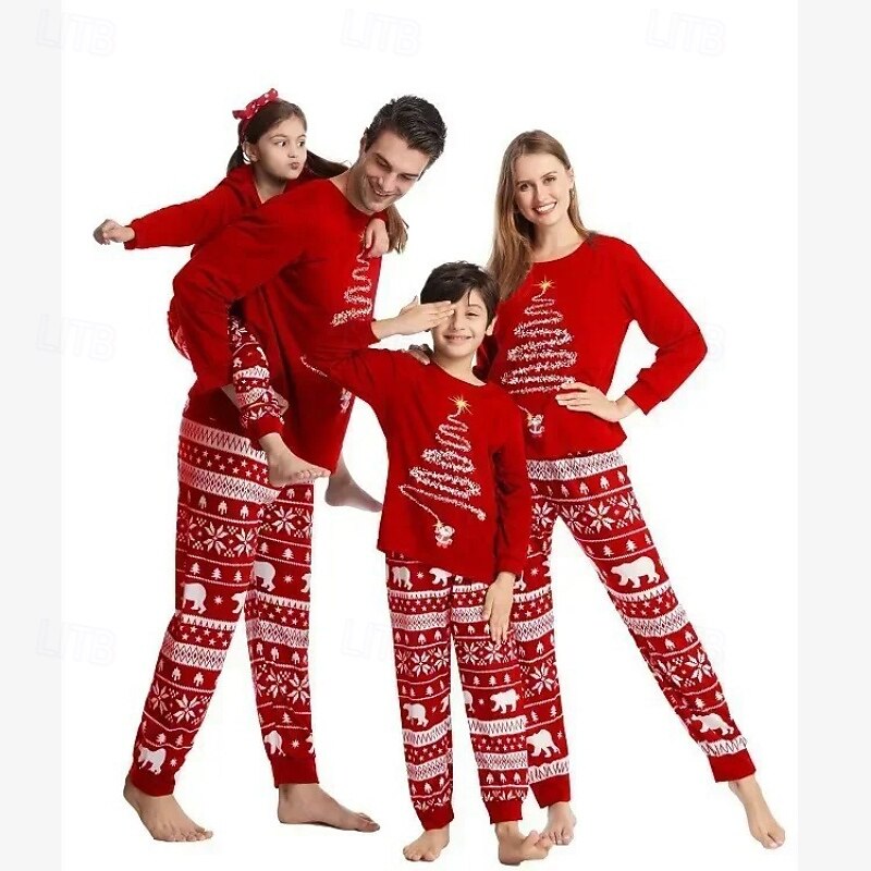Family Pajamas Christmas Pattern Home Print Red Navy Blue Long Sleeve Active Matching Outfits