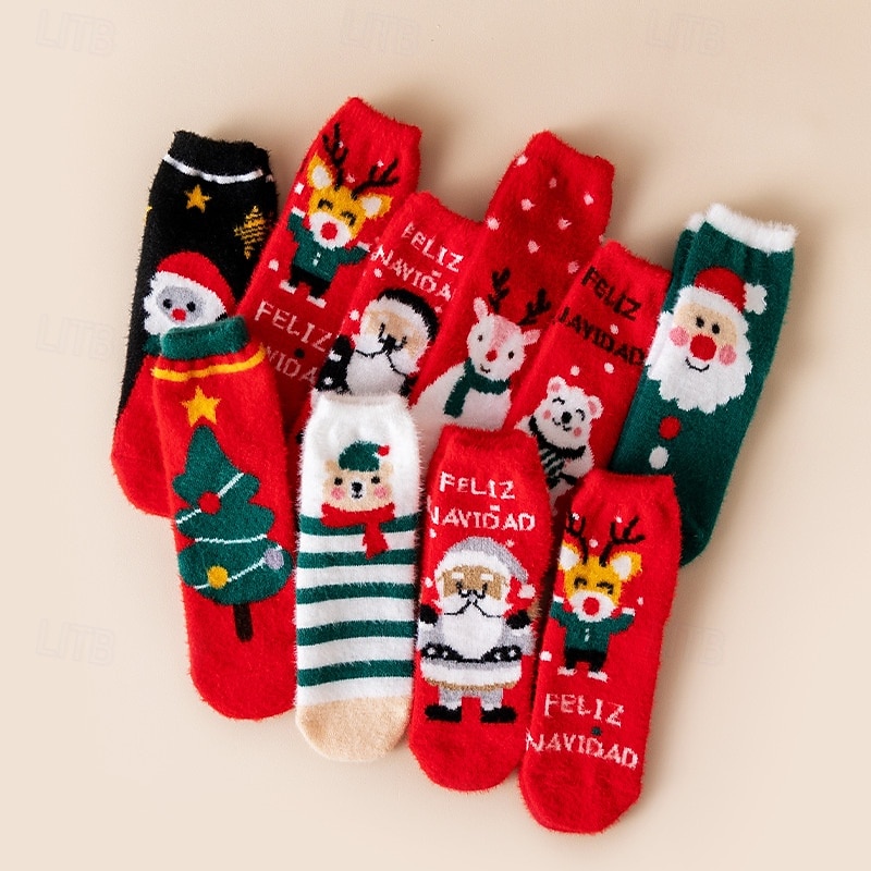 Christmas Socks for Women, Cute Mid-Calf Plush Fuzzy Socks, Faux Mink Winter Warm Socks with Cartoon Reindeer & Santa Claus Design, Holiday Gift Cozy Sleep Socks2
