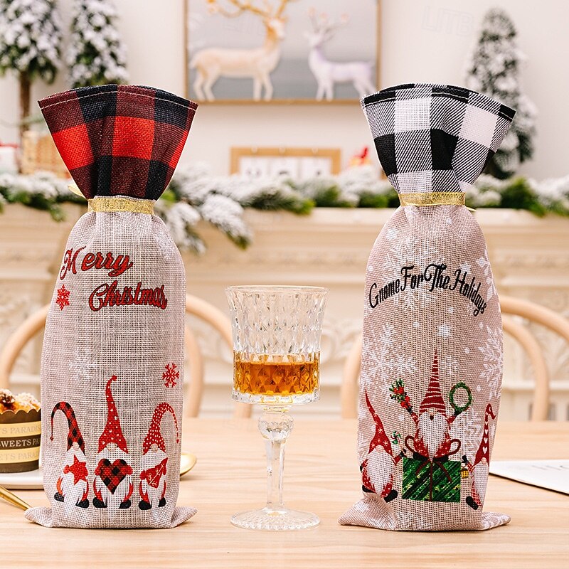 2Pcs Christmas Wine Bottle Bags, Forest Gnome Plaid Drawstring Bottle Covers, Holiday Champagne and Red Wine Bottle Holders