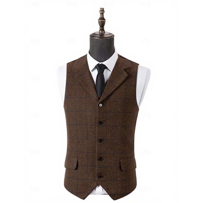 Men's Vest Waistcoat Formal Wedding Vacation Daily Fashion Classic Spring Fall Pocket Buttons Polyester Tweed Comfortable Plaid Single Breasted Notch lapel collar Slim Fit Black Navy Blue Brown Coffee2
