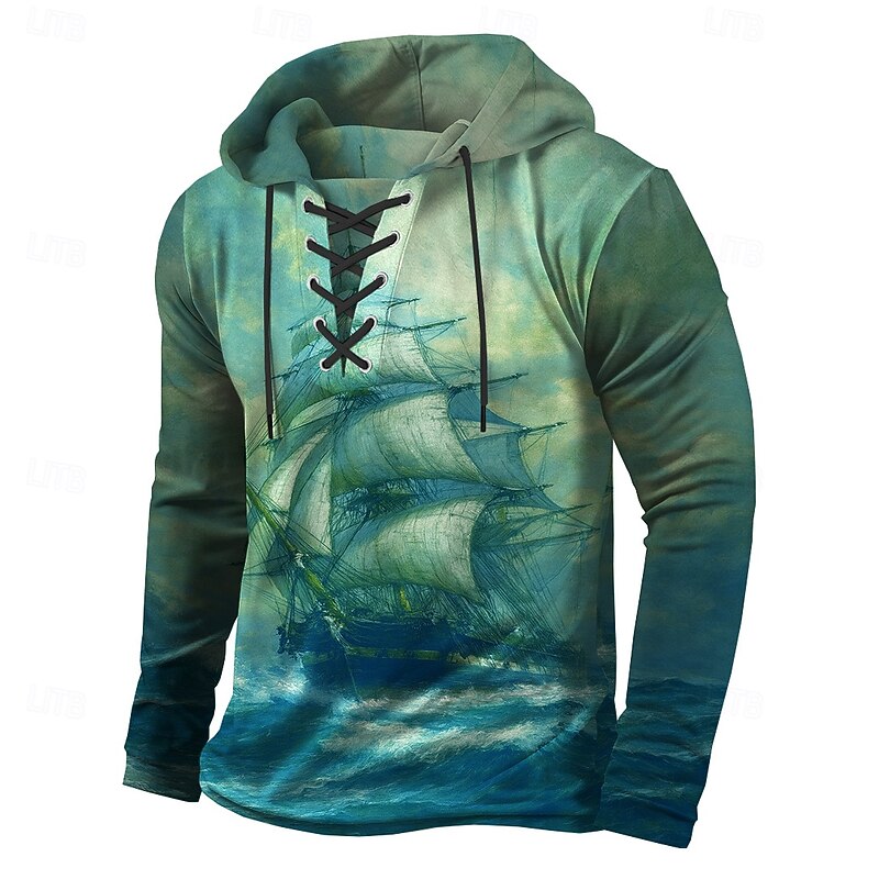 Men's Ship Hoodie Sweatshirt Stylish Vintage Retro Hooded Streetwear Yellow Green Drawstring Fall Winter Designer4