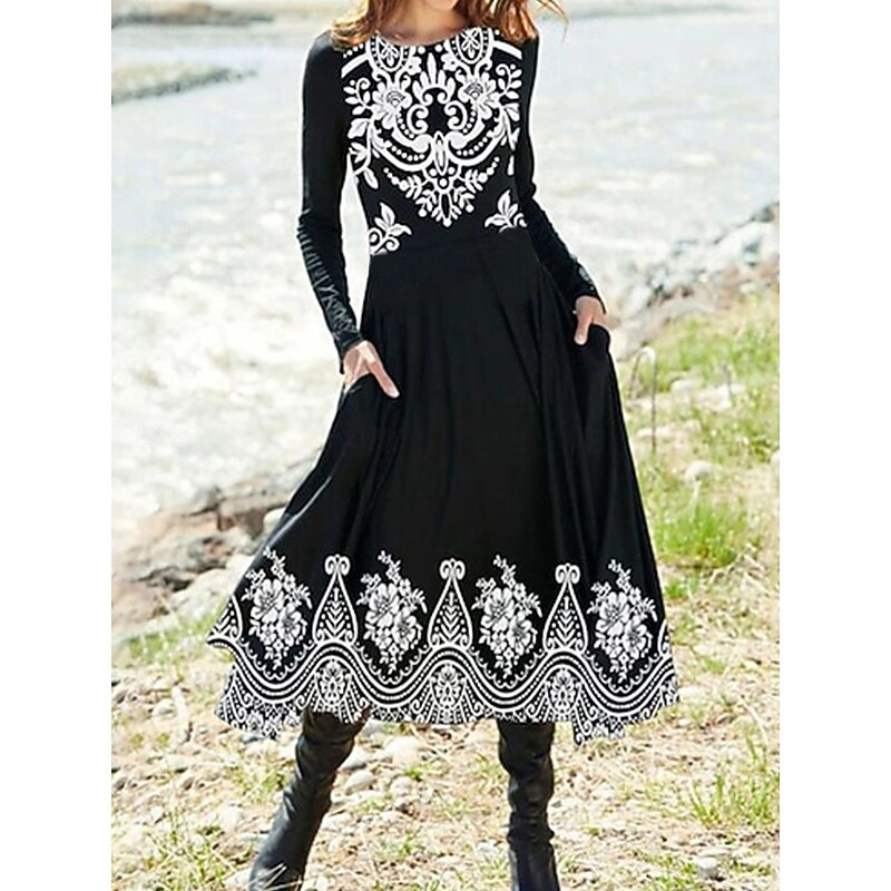 Women's Midi Dress A Line Dress Fit And Flare Dress Vacation Casual Daily Regular Fit Graphic Geometric Long Sleeve Crew Neck Black White Red Blue Summer Spring Fall Winter