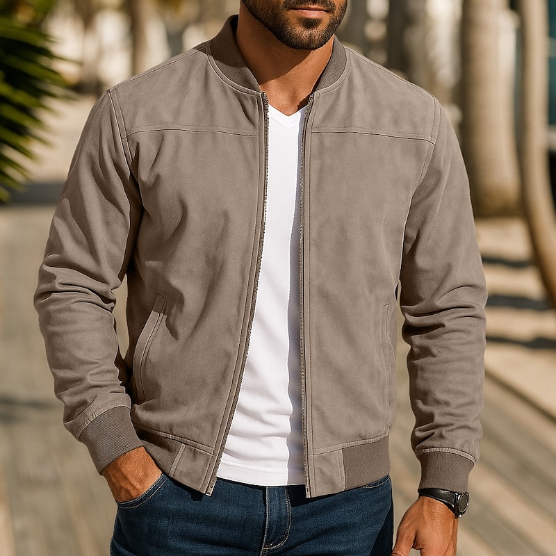 Men's Outdoor Jacket Faux Suede Jacket Bomber Jacket Formal Home Zipper Pocket Fall Winter Solid Color Active Neutral Collar Regular Black Navy Blue Blue Brown Green Jacket