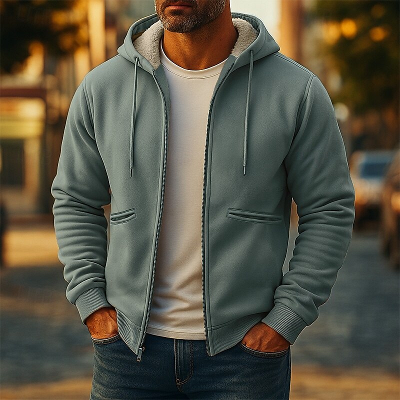 Men's Hoodie Full Zip Hoodie Fleece Hoodie Fleece lined Hoodie Yellow Army Green Khaki Dark Gray Hooded Plain Patchwork Sports & Outdoor Casual Daily Streetwear Cool Sportswear Spring &  Fall3