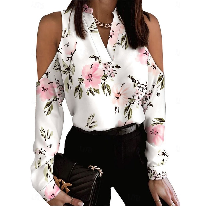Women's Blouse Floral Stylish Casual Long Sleeve V Neck Regular Tops Daily Print Black And White Black White Pink Navy Blue Summer Spring Fall2