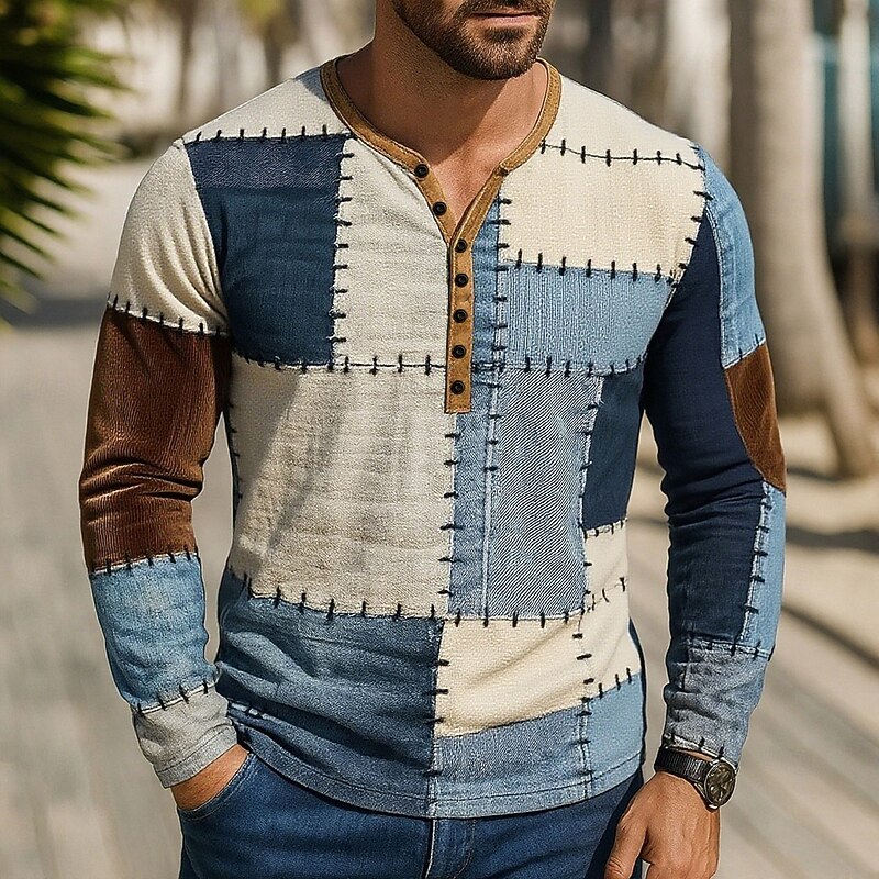 Men's Patchwork T Shirt Henley Shirt Tee Long Sleeve Vintage Designer Stylish Outdoor Casual Daily Spring & Summer All Seasons Blue Khaki Henley Henley T-Shirt
