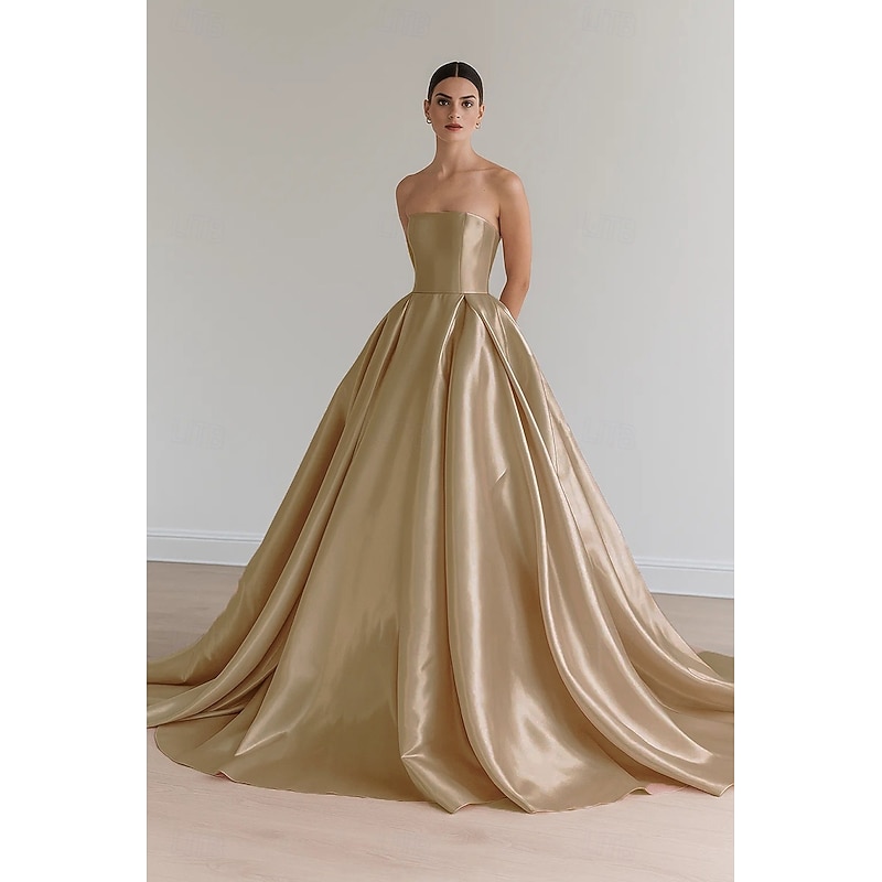 Stretch Satin Ball Gown Evening Gown Elegant Dress Formal Wedding Sweep / Brush Train Sleeveless Strapless with Pleats and Lace Up 2025