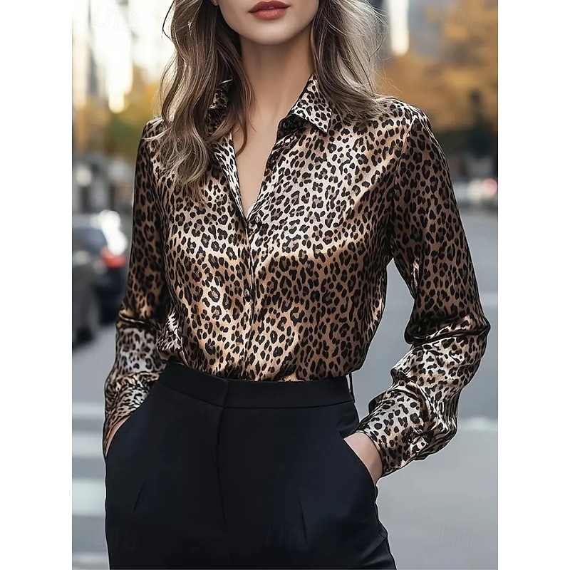 Women's Work Shirt Graphic Leopard Elegant Stylish Basic Long Sleeve Shirt Collar Regular Tops Work Party Evening Wear Daily Brown Gray Summer Fall Winter Spring, Fall, Winter, Summer