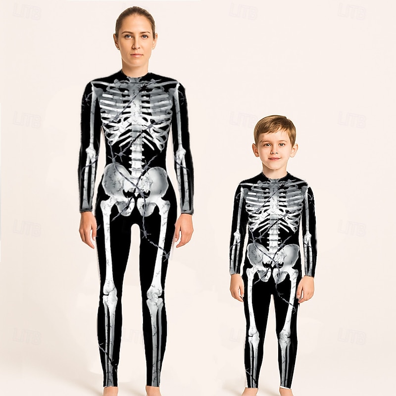 Mommy and Me Halloween Jumpsuit Skull Halloween pattern Street Print Black White Pink Long Sleeve Matching Outfits