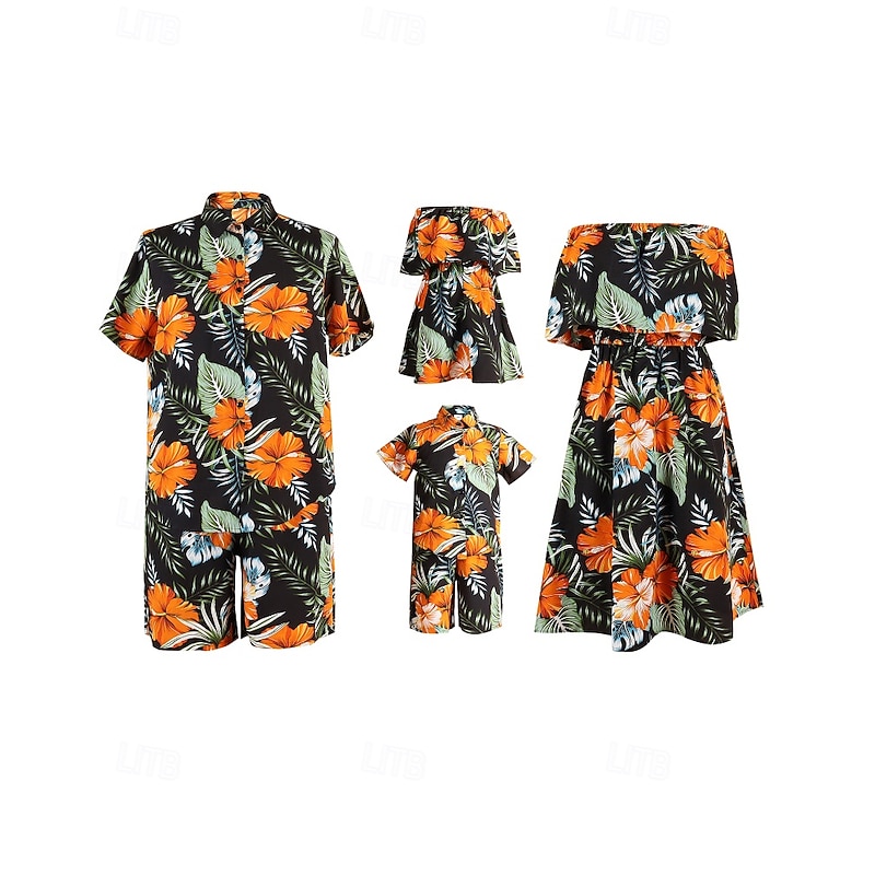 Family Dresses Tops Bottom Floral Street Print Blue Orange Short Sleeve Active Matching Outfits2