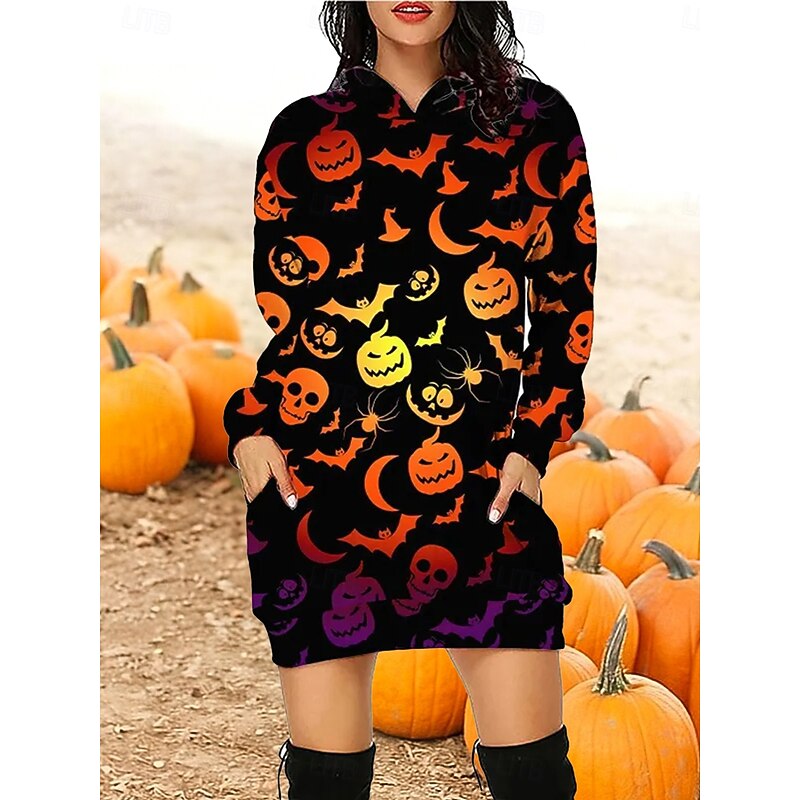 Halloween Women's Hoodie Dress Pumpkin Print Mini Dress Shift Dress Casual Vacation Holiday Weekend Loose Fit Graphic Pumpkin Long Sleeve Hooded Black Purple Orange Fall Winter2