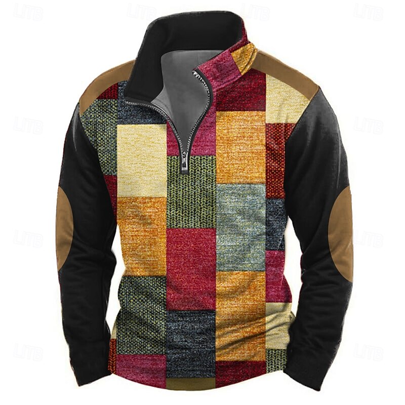 Men's Geometric Plaid Sweatshirt Casual Long Sleeve High Neck Vacation Streetwear Red Blue Zipper Quarter Zip Fall Winter Designer