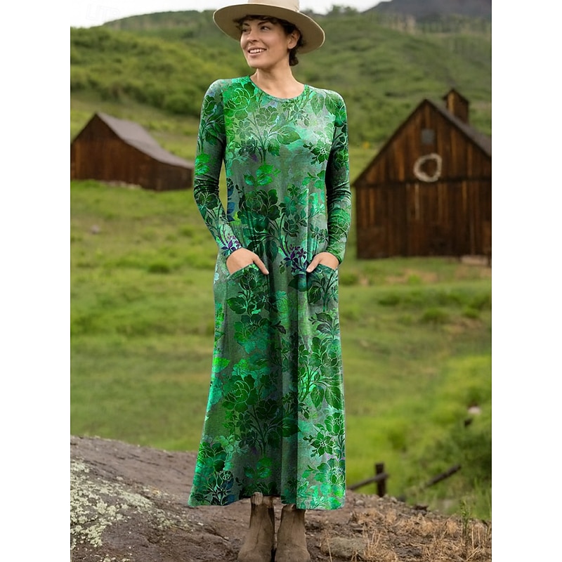 Women's Maxi Dress Sheath Dress T Shirt Dress Tee Dress Vacation Casual Daily Going out Loose Fit Floral Graphic Long Sleeve Crew Neck Red Blue Purple Green Spring Fall Winter4