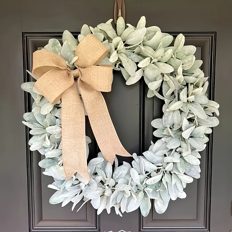 Christmas Wreath for Front Door, Artificial Green Lambs Ear Leaf Garland, Faux Plant Vine, Garden Door Hanging, Living Room and Window Wall Decor2