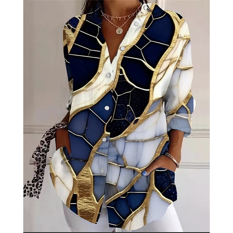Women's Shirt Graphic Abstract Active Daily Stylish Long Sleeve Shirt Collar Regular Tops Daily Holiday Buttons Print Royal Blue Spring Fall