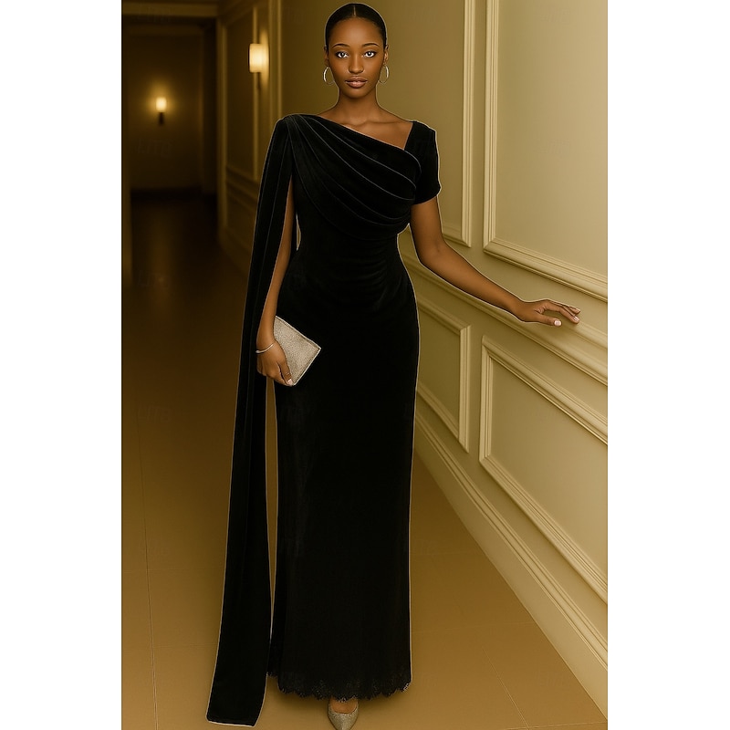 Blue Black Sheath / Column Evening Gown Elegant Dress Formal Wedding Floor Length Long Sleeve Stand Collar Velvet with Pleats 20254