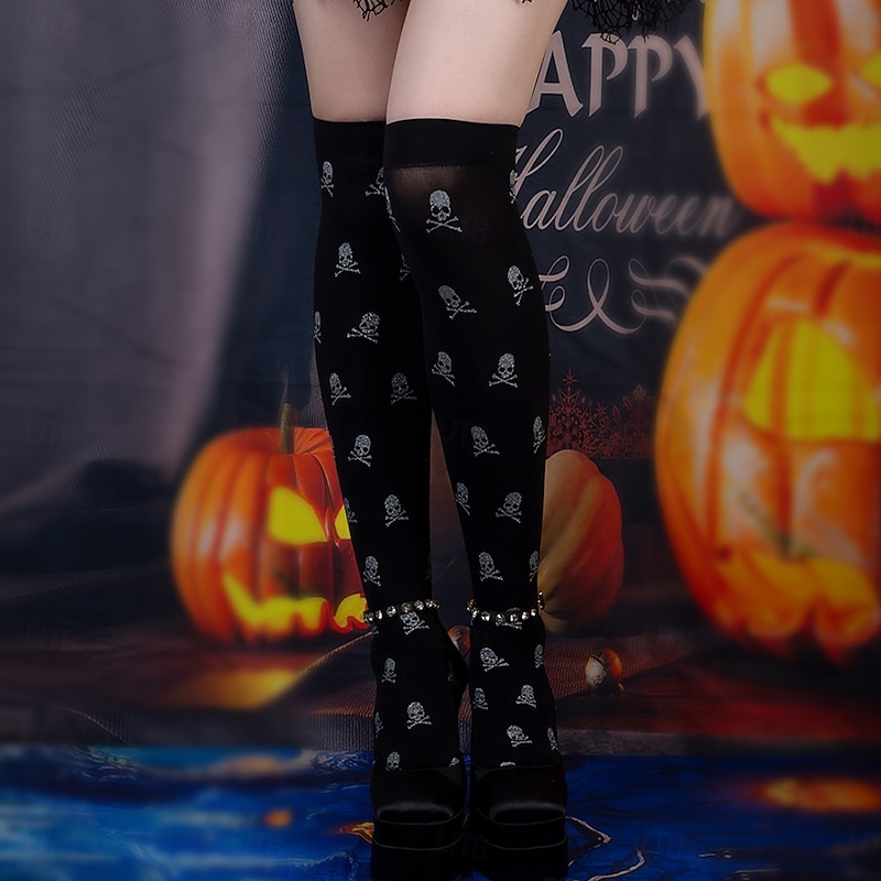 European and American Fashion New Skull Long Crew Socks for Women, Spring Summer Halloween Party Slouch Socks, Trendy Stockings