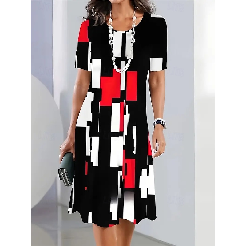 Women's Elegant Party Evening Midi Dress Crew Neck Short Sleeve Shift Dress A Line Dress Casual Boho Daily Regular Fit Graphic Geometric Plaid Black Summer Spring Fall