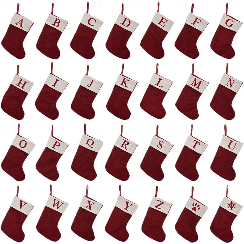 Christmas Stocking Red Knitted Letter Design Medium Size Embroidered Alphabet Holiday Sock DIY Gift Bag for Home Fireplace Festive Christmas Party Decoration Accessory4