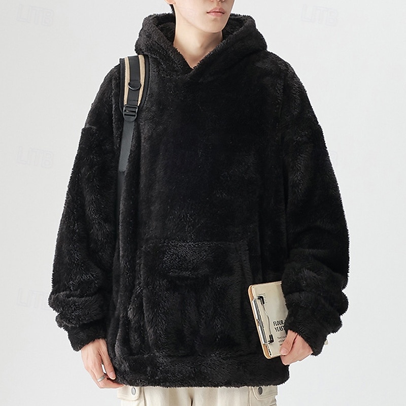 Men's Fleece Sweatshirt Fleece Hoodie Thermal Sweatshirt Long Sleeve Hooded Top Outdoor Thermal Warm Winter Polyester Dark Grey Black White Tennis Workout Running