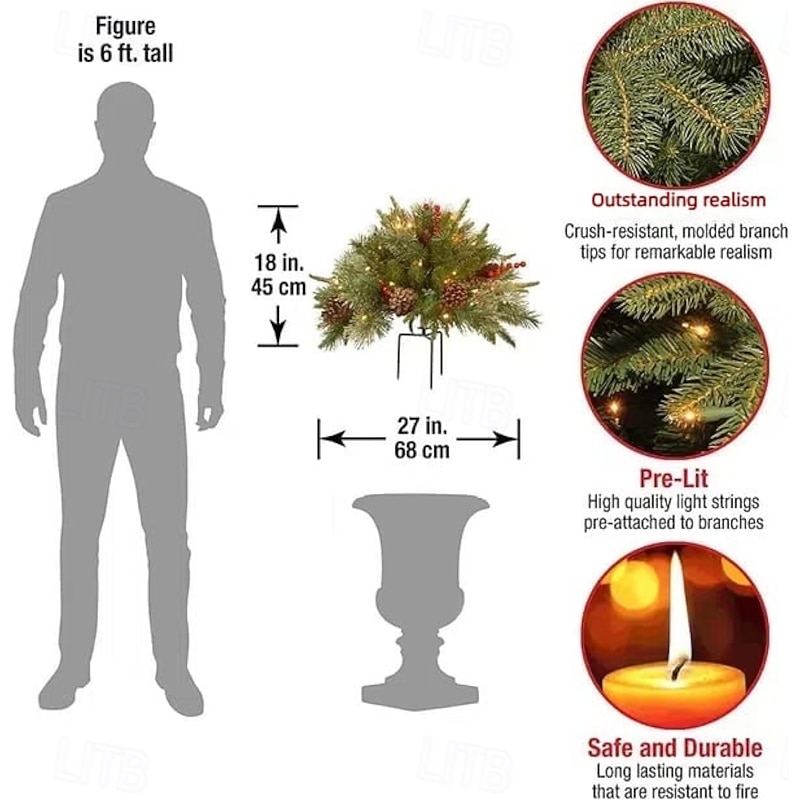 Pre-lit Artificial Christmas Tree Urn Filler, Outdoor Xmas Decoration Faux Plants Flocked with Mixed Ornaments and Pre-strung White LED Lights, Holiday Decor with Stand3