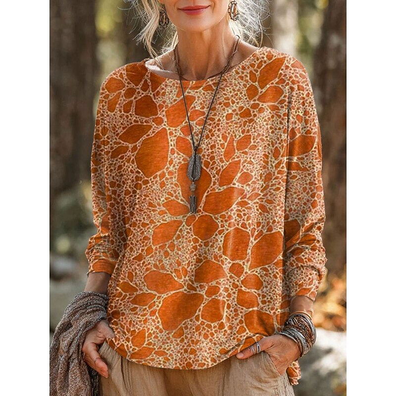 Women's T Shirt Graphic Geometric Striped Vintage Stylish Casual Long Sleeve Crew Neck Round Neck Regular Tops Daily Print Yellow Pink Blue Orange Spring Fall Winter3