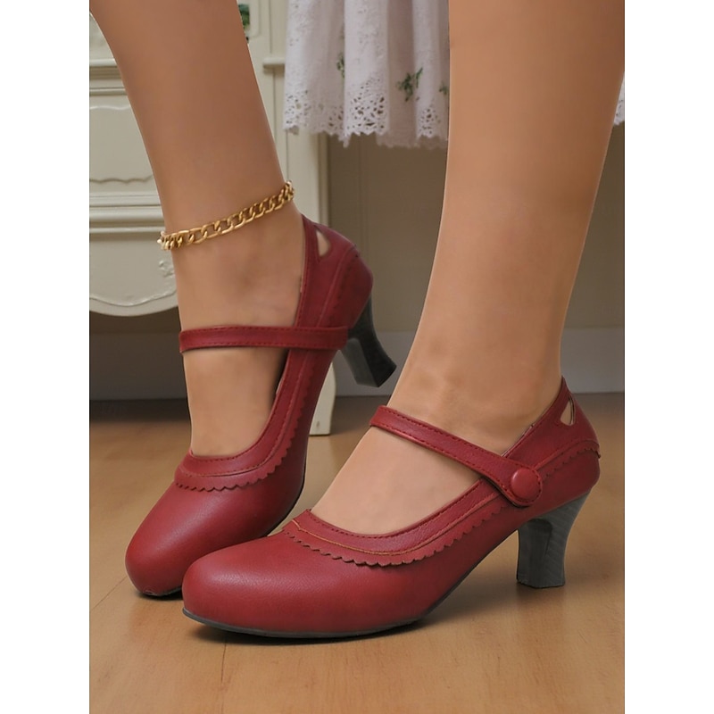 Women's Vintage Green Mary Jane Heels - 1950s-Style Round Toe Shoes with Scallop Details for Fall Work Looks,Daily Outfits and Vintage-Inspired Gatherings - Main Image