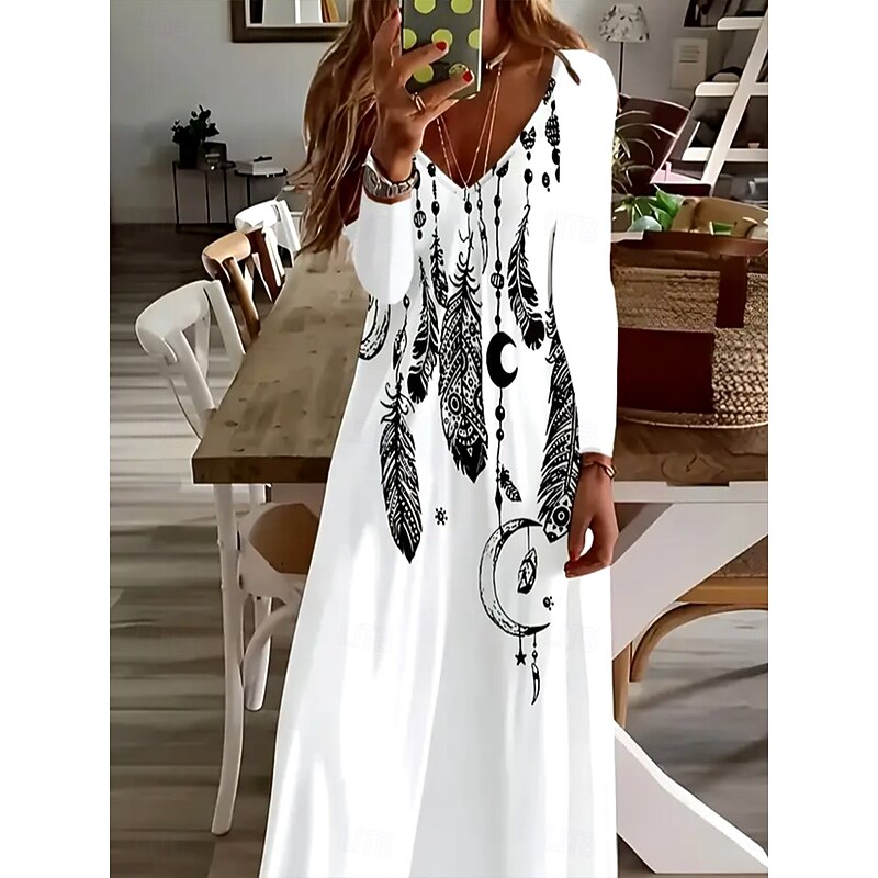 Women's Maxi long Dress White Dress Casual Dress A Line Dress Bohemia Vintage Stylish Holiday Loose Fit Ombre Graphic Feather Long Sleeve V Neck White Spring Fall Winter2