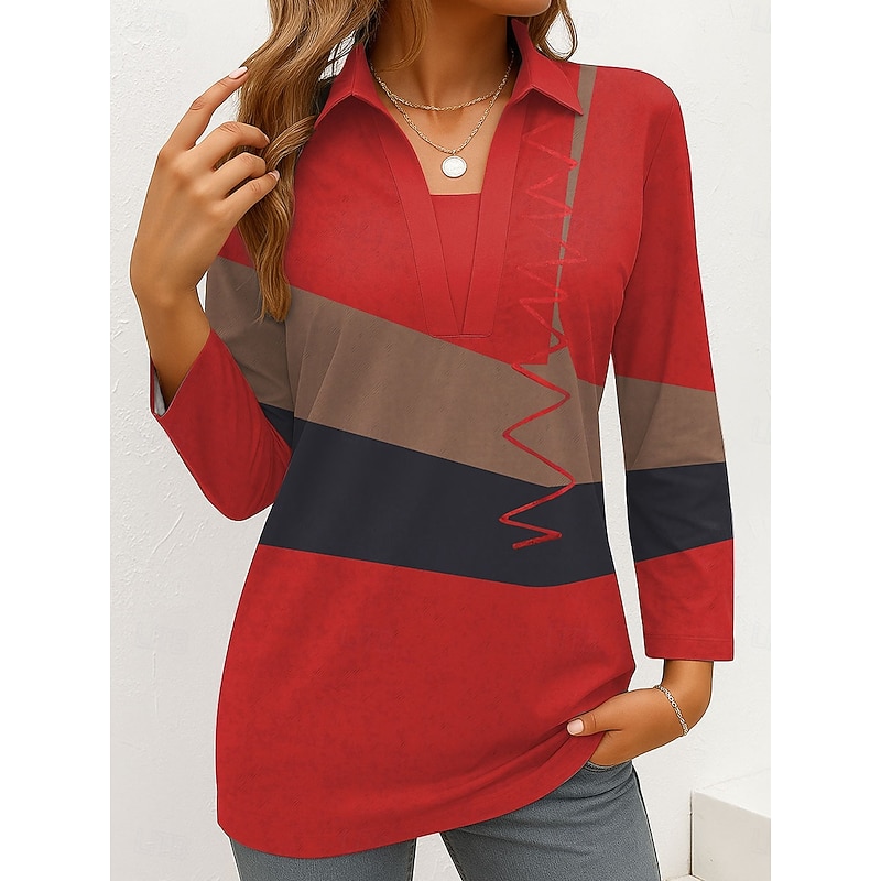 Women's T Shirt Graphic Geometric Vintage Stylish Modern Long Sleeve Shirt Collar Regular Tops Daily Weekend Formal Wear Print Red Blue Purple Spring Fall Winter