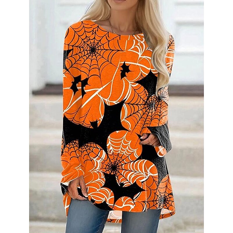 Halloween Women's T shirt Witch Long Sleeve Graphic Vintage Stylish Classic Long Sleeve Crew Neck Regular Tops Daily Print Black Yellow Red Orange Spring Fall Winter Prefall2