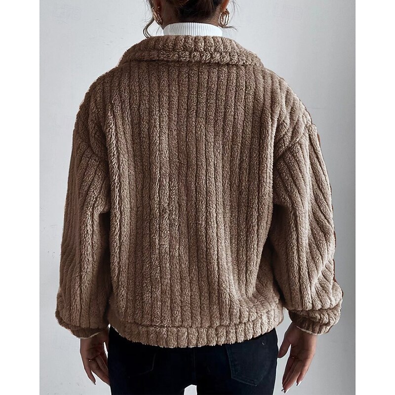Women's Winter Coat Fleece Jacket Warm Comfortable Pocket Buttons Fashion Plain Going out Weekend Single Breasted Regular Turndown Regular Fit Long Sleeve Outerwear Black Brown Dark Grey Winter4