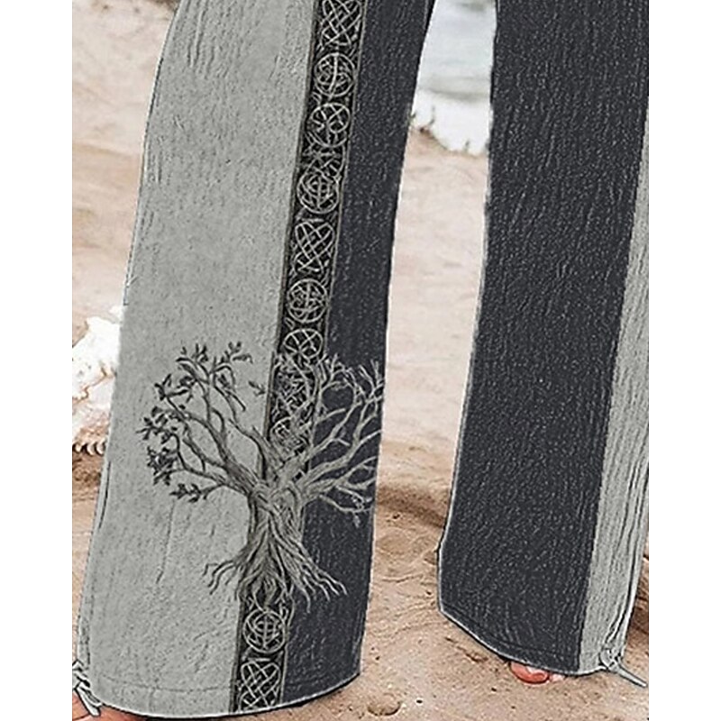 Women's Wide Leg Pants Trousers Palazzo Pants Fashion Boho Full Length High Waist Color Block Tree Drawstring Elastic Waist Print Breathability Comfortable Street Daily Wear Going out Gray Spring Fall3