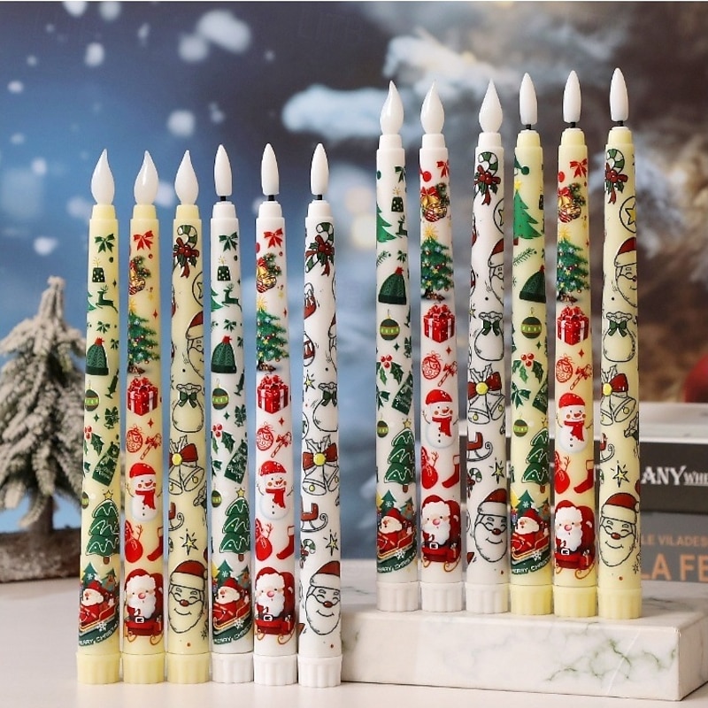 Christmas Colored Pattern Flameless Taper Candles Battery Operated with Remote and Timer 3D Wick Flickering LED Taper Candles Santa Snowman Christmas Tree Decal Holiday Decor (6PCS 0.79''x 9.9'')4