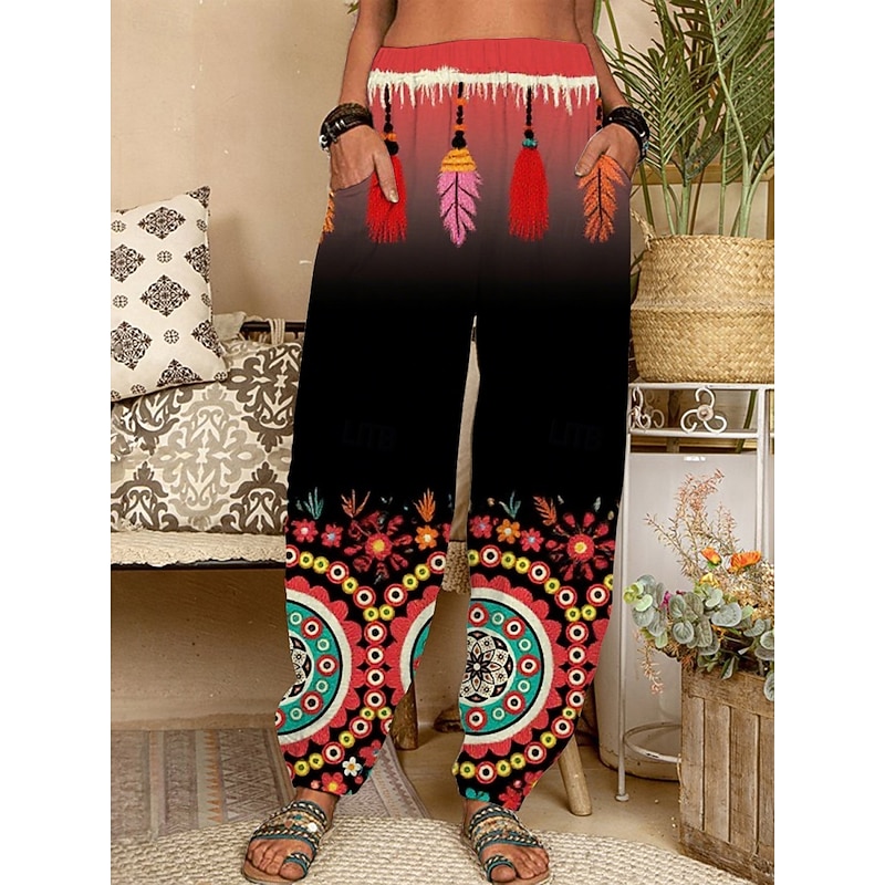 Women's Chinos Pants Trousers Vintage Ethnic Style Long High Waist Graphic Feather Pocket Elastic Waist Printing Breathability Soft Micro-elastic Vacation Street Daily Wear Yellow Red Fuchsia Green
