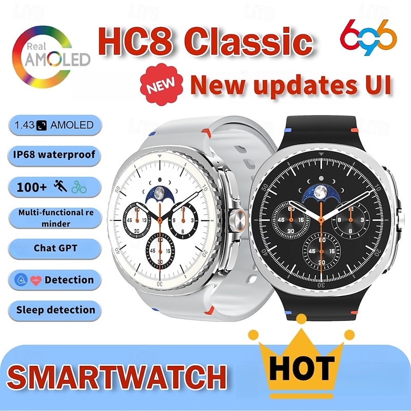 HC8 Smart Watch 1.43 inch Smartwatch Fitness Running Watch Bluetooth Pedometer Call Reminder Activity Tracker Compatible with Android iOS Women Men Long Standby Waterproof Media Control IP68 22mm