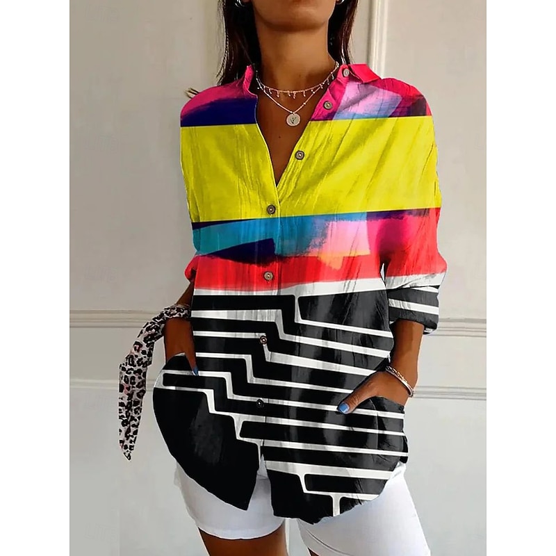 Women's Shirt Graphic Geometric Vintage Daily Casual Long Sleeve Shirt Collar Regular Tops Daily Holiday Print Sage Green Yellow Brown Khaki Summer Spring2