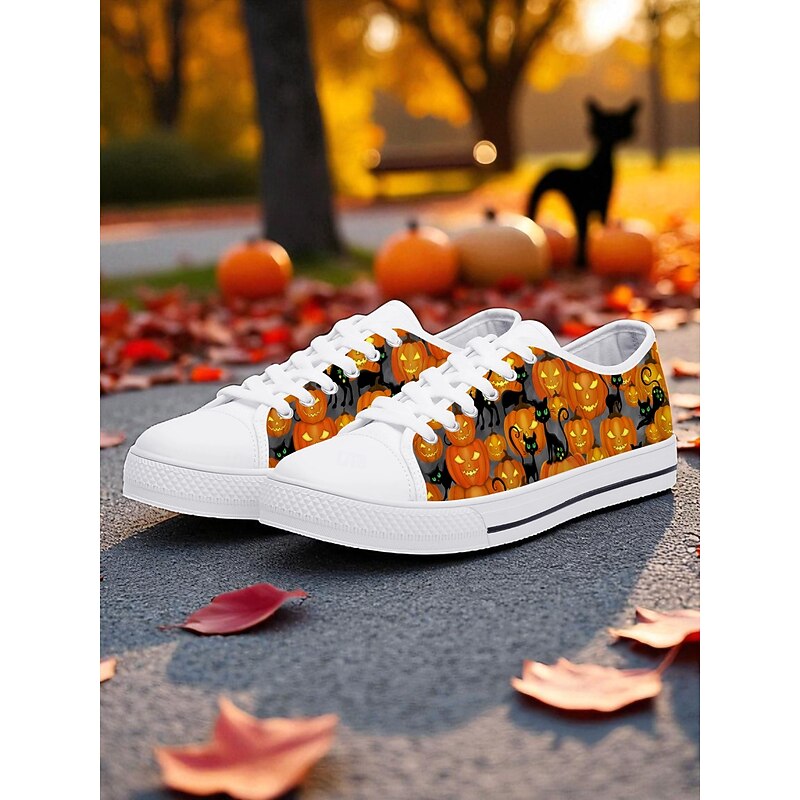 Women's Canvas Lace-Up Sneakers with Pumpkin and Witch Night Sky Print – Halloween Festival and Casual Streetwear Shoes4