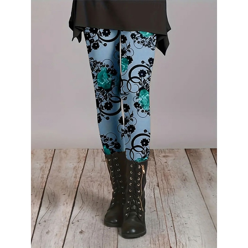 Women's Leggings Vacation Vintage Fashion Full Length High Waist Floral Graphic Printing Thermal Warm Soft Breathable Stretchy Formal Outdoor Vacation Blue Green Khaki Amethyst Spring Fall Slim Fit3