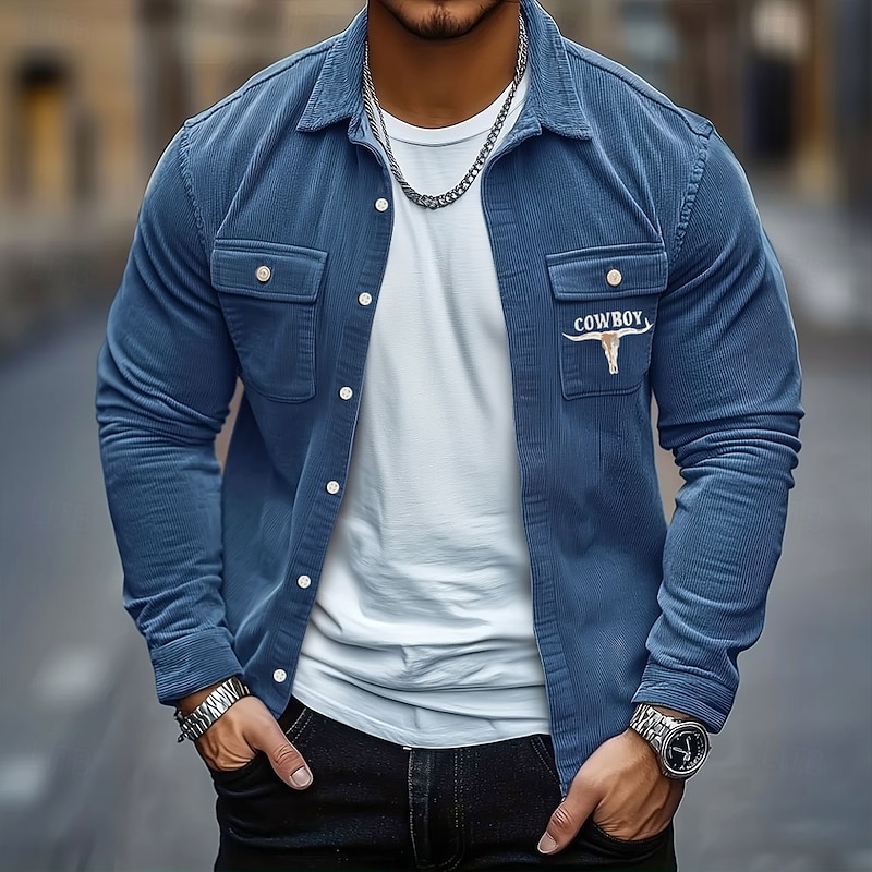 Men's Cow Print Corduroy Shirt Shirt Jacket Overshirt Long Sleeve Vintage Retro Outdoor Dailywear Fall Winter Turndown Button-Down Warm Jacket with Flap Pockets Blue Green Khaki Gray4