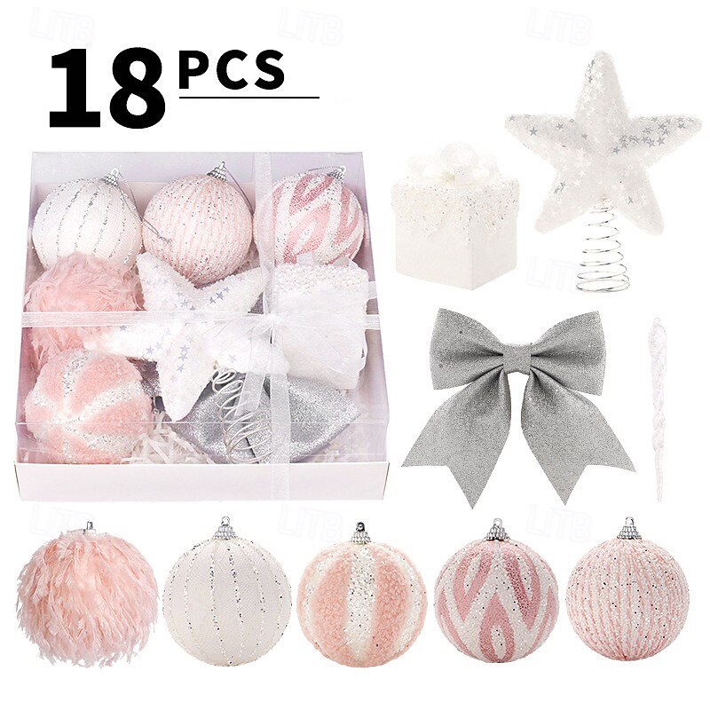 18 pcs Christmas Tree Balls Baubles Ornaments, Xmas Decoration, Pink Premium Foam Balls & Tree Top Star Hanging Set