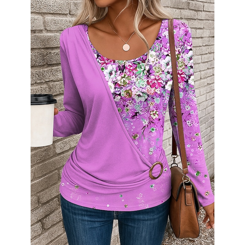 Women's T Shirt Floral Graphic Vintage Stylish Casual Long Sleeve Crew Neck Regular Tops Daily Patchwork Print Yellow Pink Blue Purple Green Fall Winter3