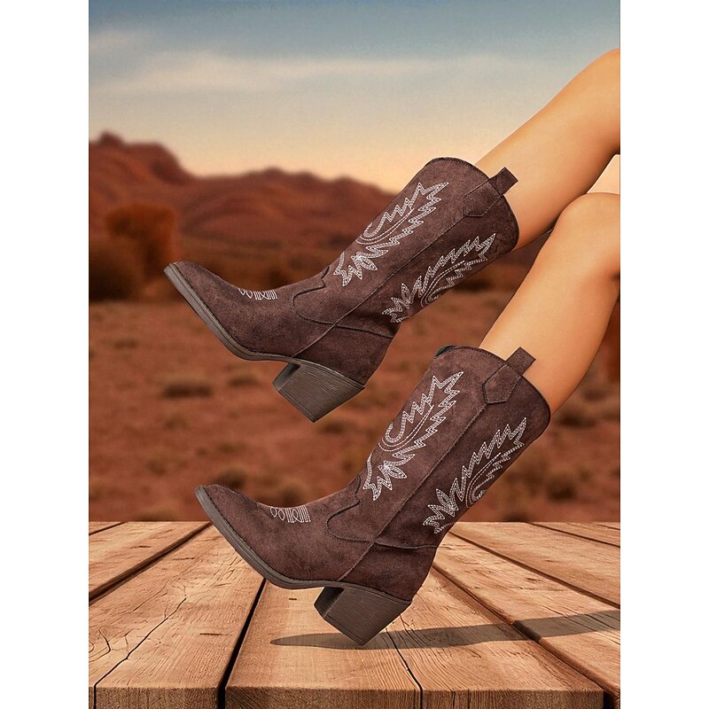 Women's Suede Cowboy Boots with Embroidered Design Western Mid-Calf Block Heel Retro Style Fashion Boots for Urban Casual Wear4