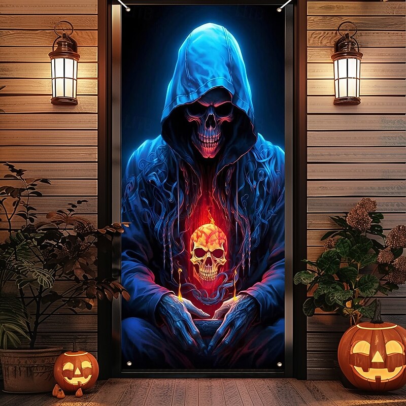 Halloween Door Cover Outdoor Banners Skeleton Grim Reaper Fantasy Psychedelic Dark Punk Gothic Style Party Outdoor Shooting Backgrounds Front Door Wall Porch Home Decor3