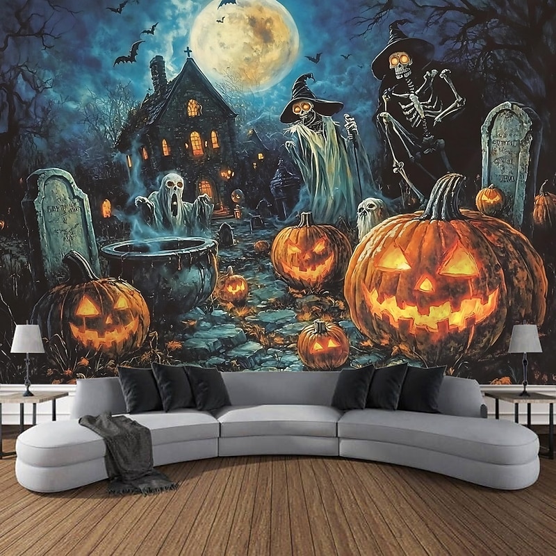 Halloween Photograph Backdrop Tapestry, Ghosts, Pumpkins, Monsters, and Skeletons Pattern Wall Hanging, Large Decorative Mural for Bedroom, Living Room, Party, and Home Decoration4