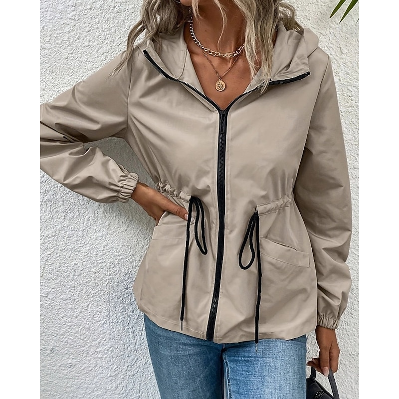 Women's Hoodie Jacket Warm Comfortable Drawstring Zipper Pocket Casual Plain Going out Weekend Zipper Regular Hooded Regular Fit Long Sleeve Outerwear Black Khaki Dark Gray Fall Winter