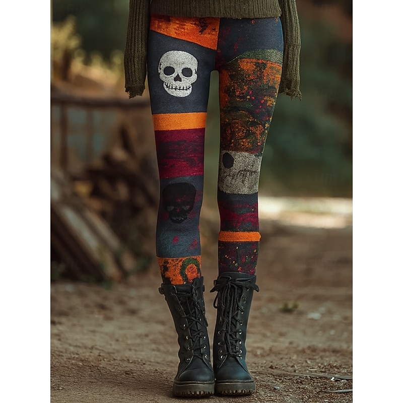 Women's Leggings Vacation Vintage Ethnic Style Ankle-Length High WaistPantsHalloween Graphic Skull Monster 3D Print Quick Dry Breathability Soft Stretchy Outdoor Home Causal Blue Orange Green Khaki2