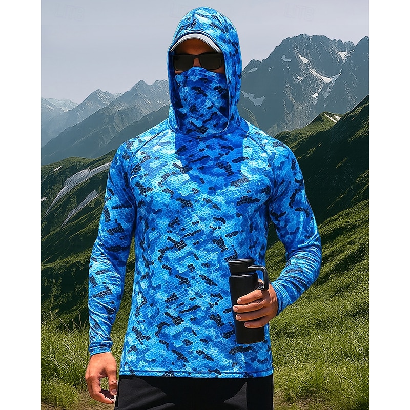 Men's Hiking Shirt Fishing Shirt UV Protection Shirt Long Sleeve Hooded Top Outdoor UV Sun Protection Breathable Polyester Camouflage Blue Fishing Traveling Running