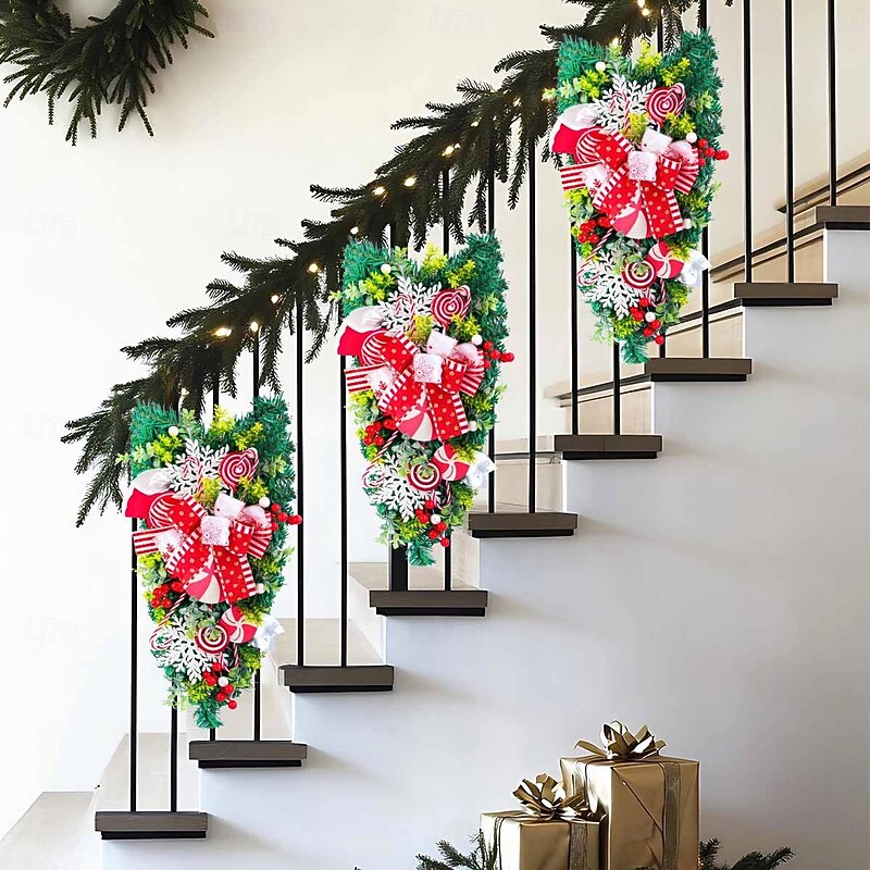 Christmas Wreath for Front Door Xmas Indoor Outdoor Decoration with Inverted Christmas Tree Candy Hanging Wall Ornament for Holiday Home Mall Party Display3