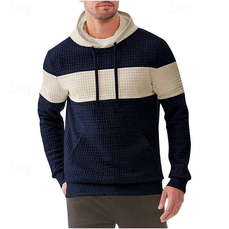 Men's Hoodie Waffle Hoodies Pullover Hoodie Sweatshirt Fleece Hoodie Black Navy Blue Brown Khaki Gray Hooded Plain Patchwork Color Block Sports & Outdoor Casual Daily Streetwear Cool Sportswear Winter3