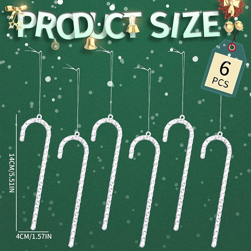 6PCS Christmas Tree Acrylic Candy Cane Ornaments, Transparent Crystal Icicle Cane Pendants, Colorful Hanging Decorations for Xmas Tree and Holiday Party4